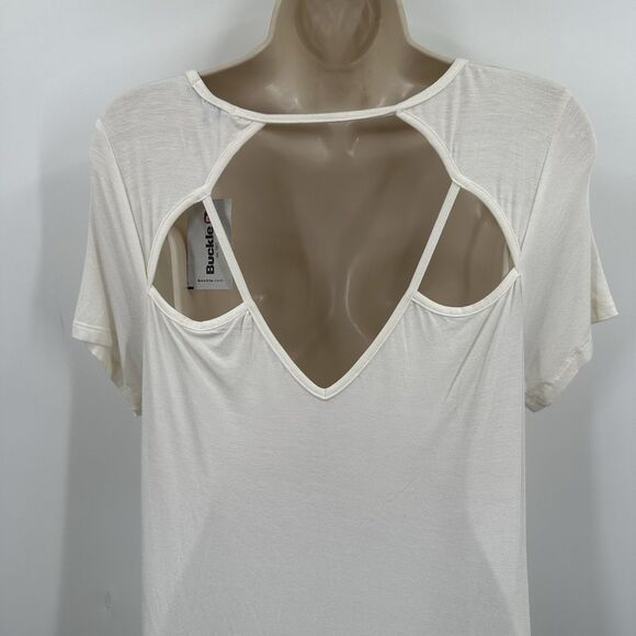 Buckle Jersey Knit Tunic Top Small Cream Casual Short Sleeve Cut out NWT - Picture 4 of 8